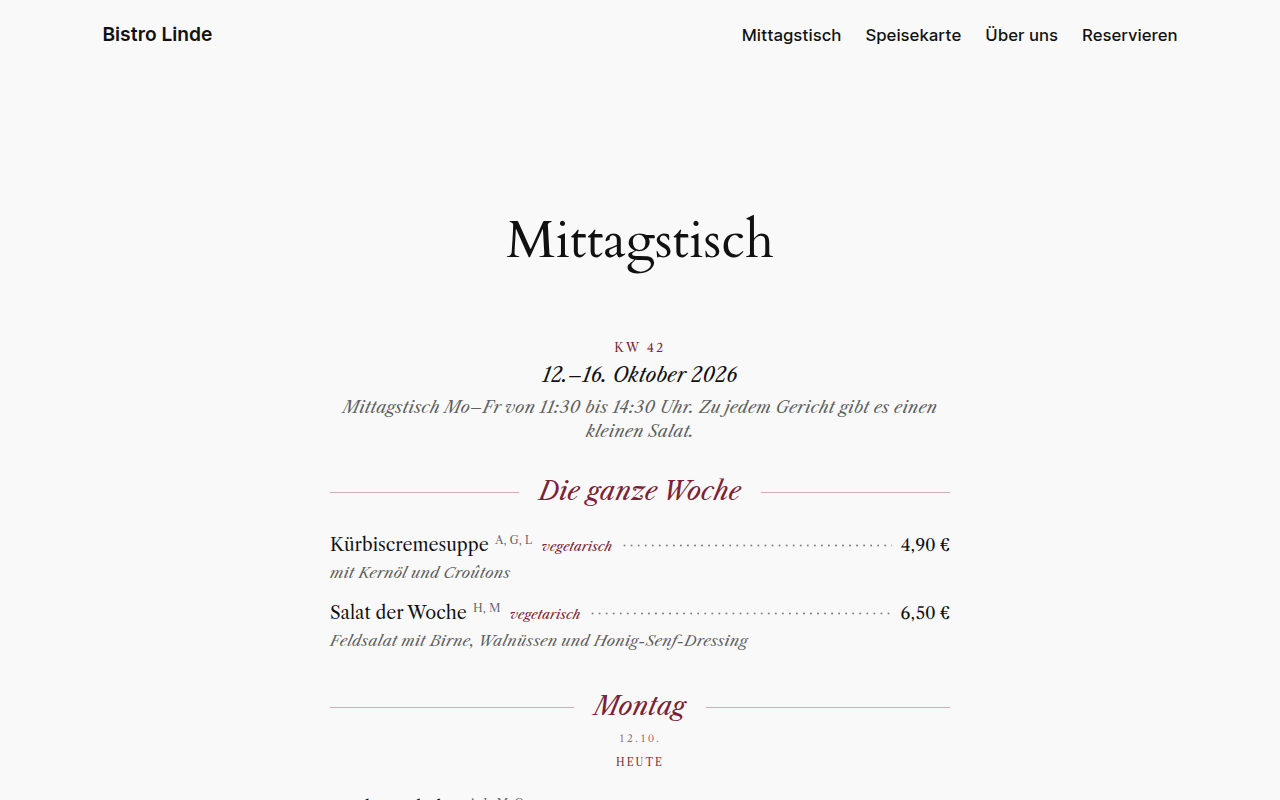 Die Wochenkarte auf deiner Website – hier im Design „Bistro“. Heute ist hervorgehoben.