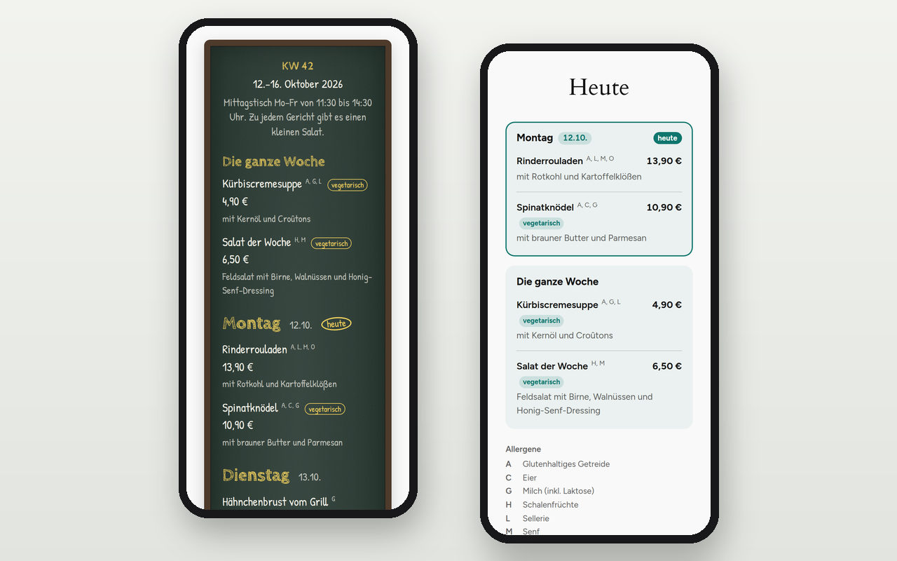„Kreidetafel“ auf dem Handy – und „Heute“ für die Startseite im Design „Modern“.