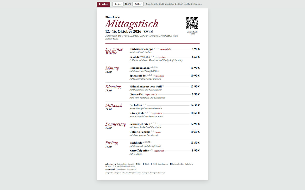 Der A4-Aushang für Tür und Theke – mit Legende und QR-Code zu deiner Website.
