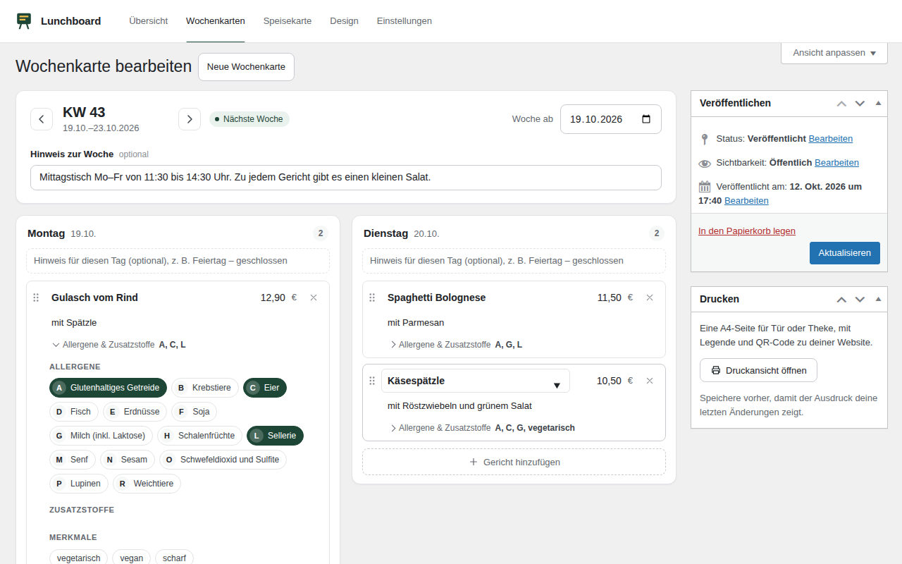Tage nebeneinander, Allergene per Klick. Bekannte Gerichte übernehmen beim Tippen Preis und Kennzeichnung.