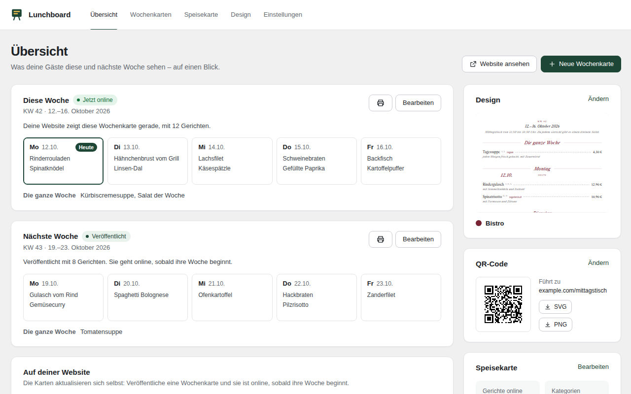 Die Übersicht: diese und nächste Woche auf einen Blick, mit Druck und QR-Code.