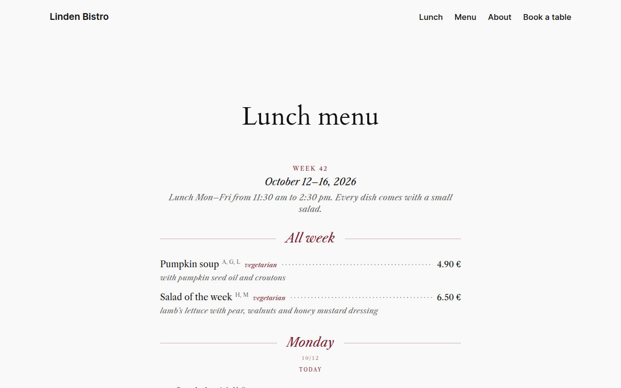 The weekly menu on your website – here in the “Bistro” design. Today is highlighted.