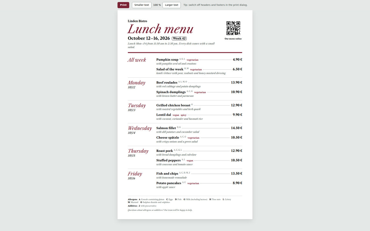 The A4 menu board for your door or counter – with legend and a QR code to your website.