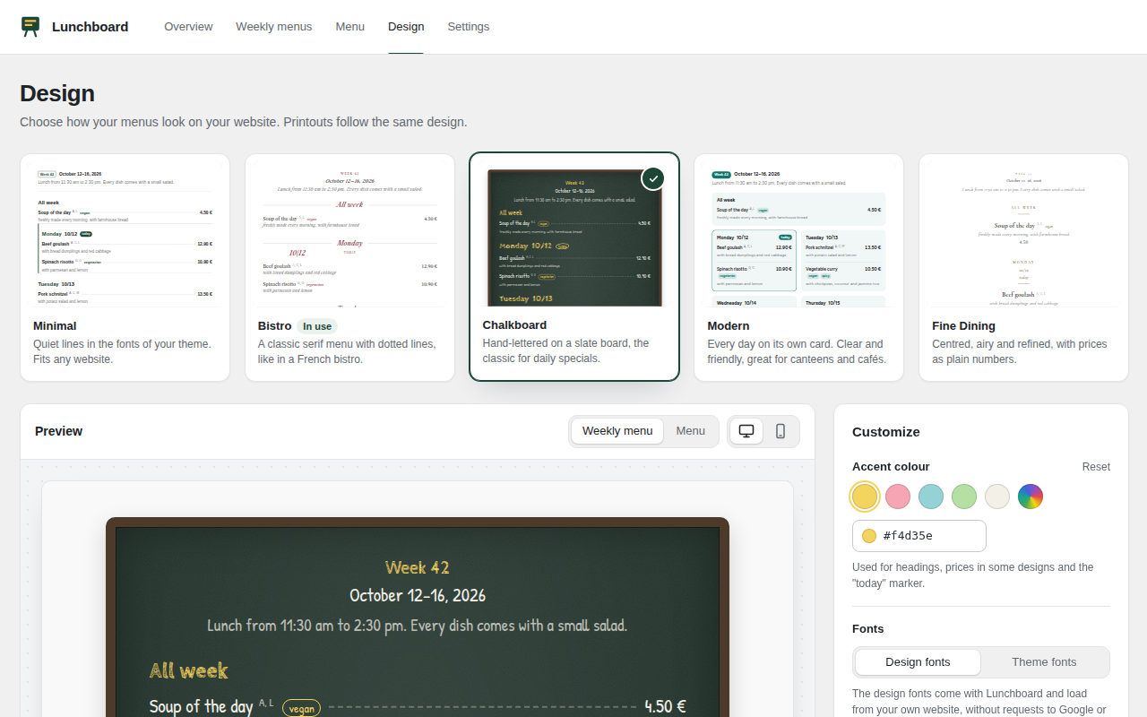 Five designs with live preview, accent colour and fonts – for desktop and phone.